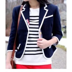 Thom Browne x Neiman Marcus Navy Wool Blazer with White Piping, size L NWT